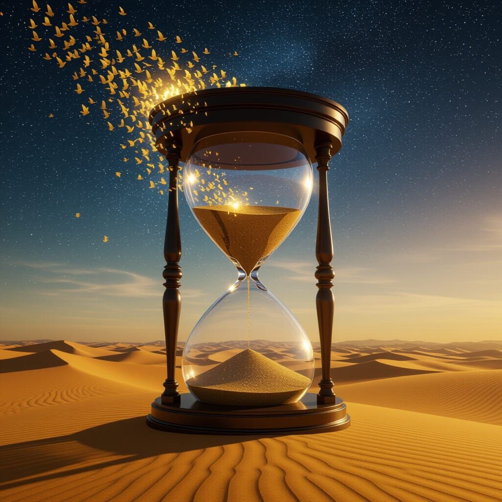 Hourglass of Golden Birds in Surreal Desert
