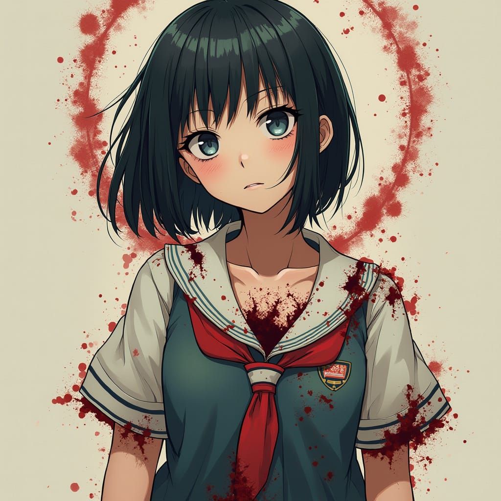 Frail Anime Girl with Bullet Holes in a Gothic Tragic Pose