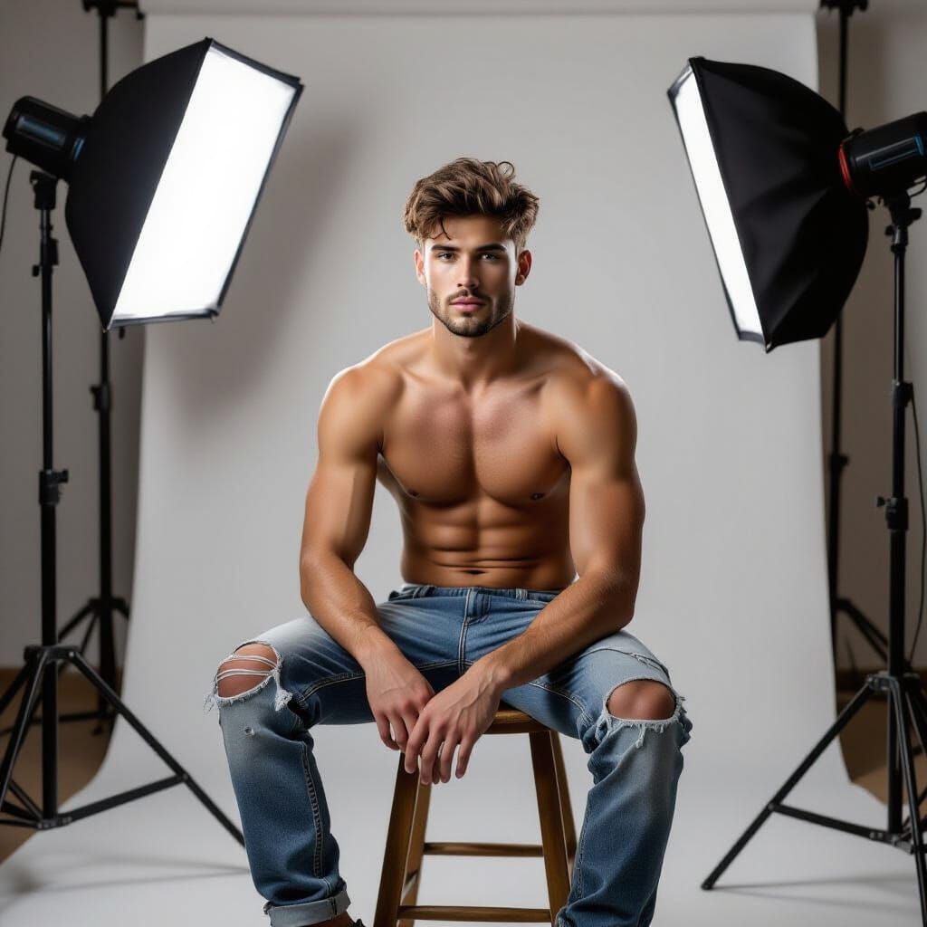 Studio Portrait of a Young Man in Tattered Pants