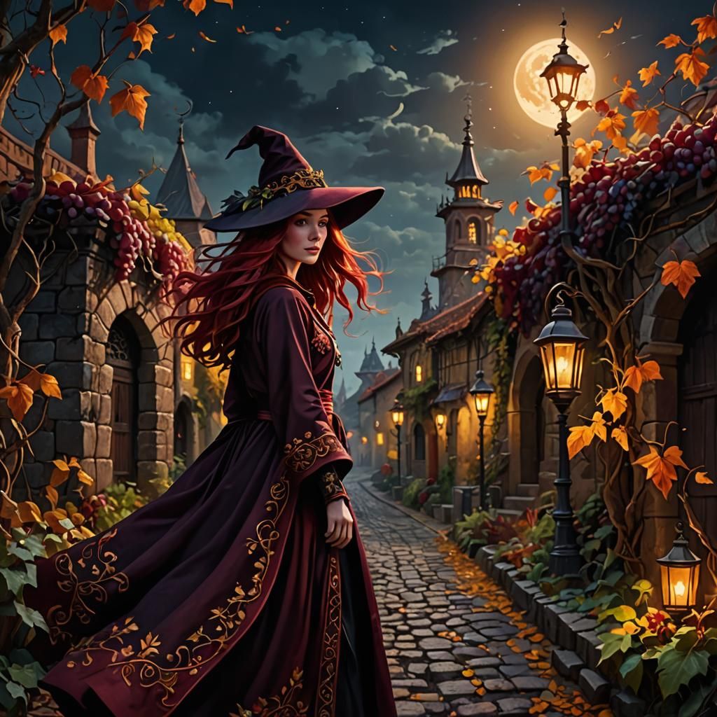 Woman in Red Robes Walks Cobblestone Path