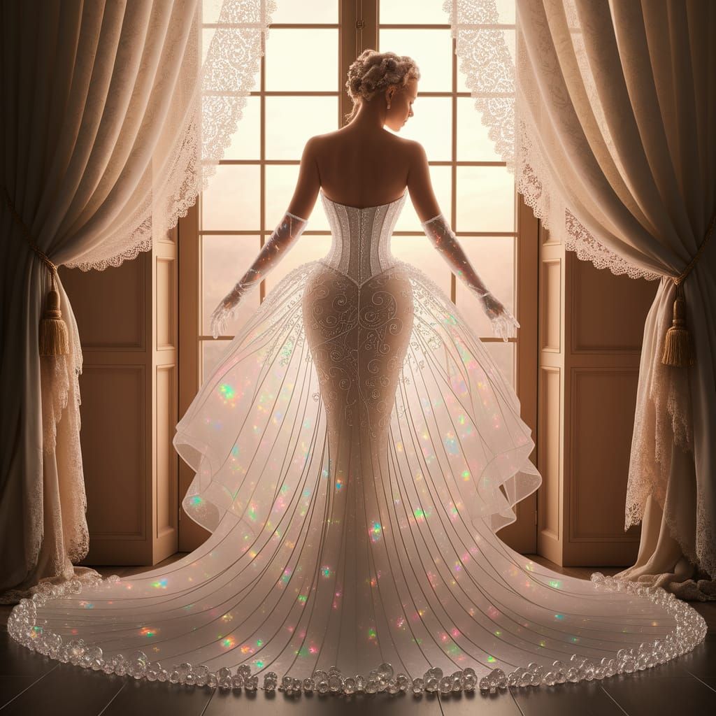 Woman in Crystal Glass Gown Before Lace Window