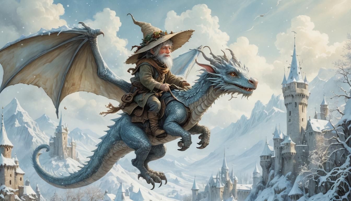 Halfling Rides Dragon Over Snowy Castle, Brian Froud Style