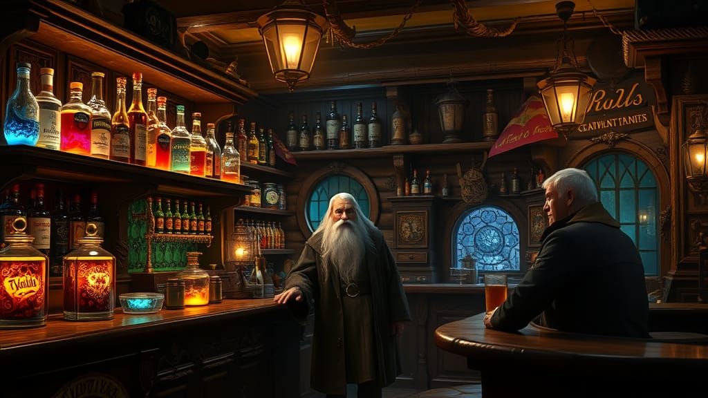 Cozy Wizard Pub Interior with Magical Brews