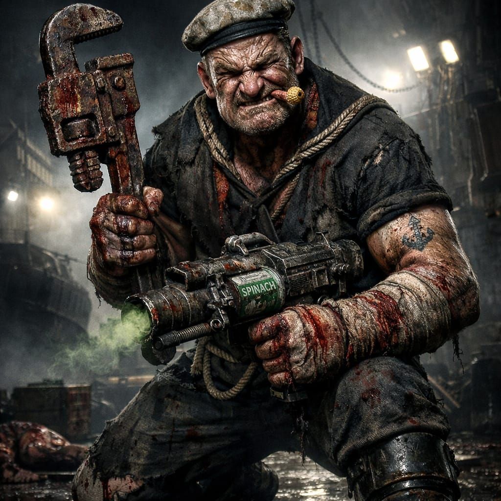 Monstrous Popeye as Executioner in Horror Scene