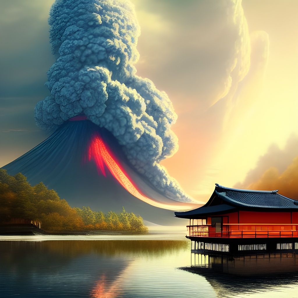 Cyberpunk Volcano Eruption Over Japanese Cabin