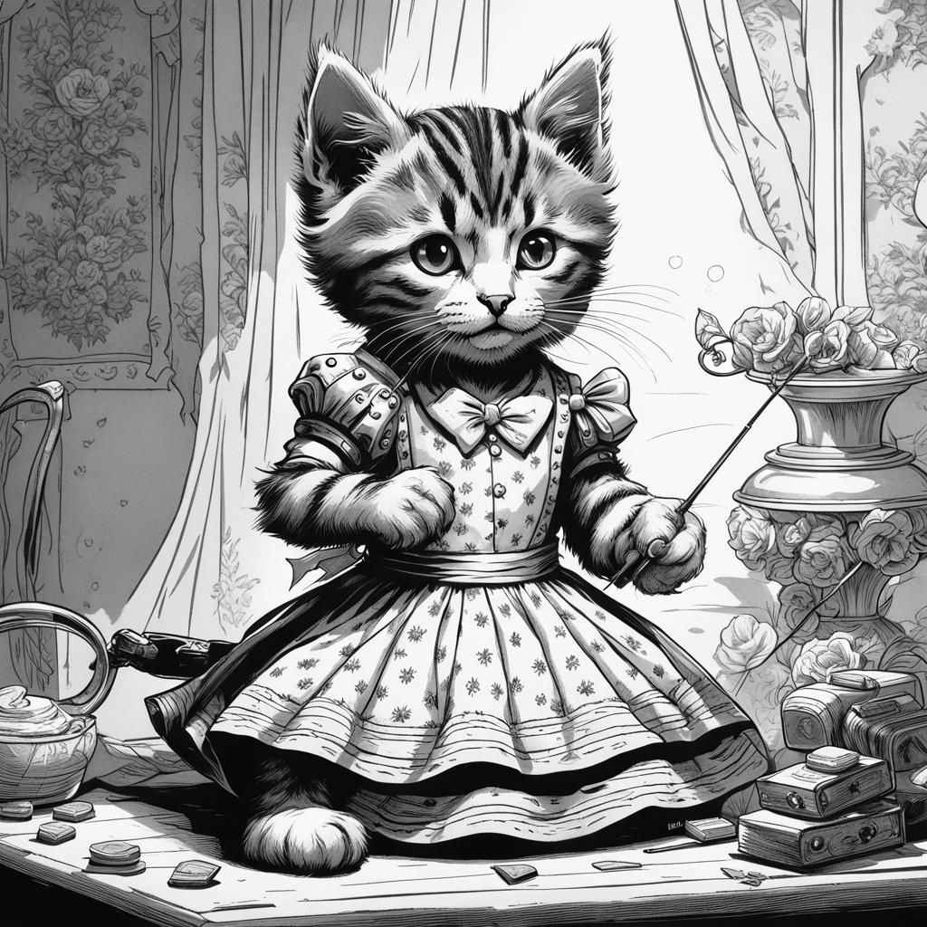 Tabby Kitten Sewing, Tenniel-Style Black and White Drawing