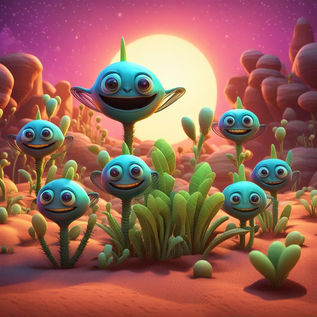 Happy Alien Plants on Exoplanet in 3D Style