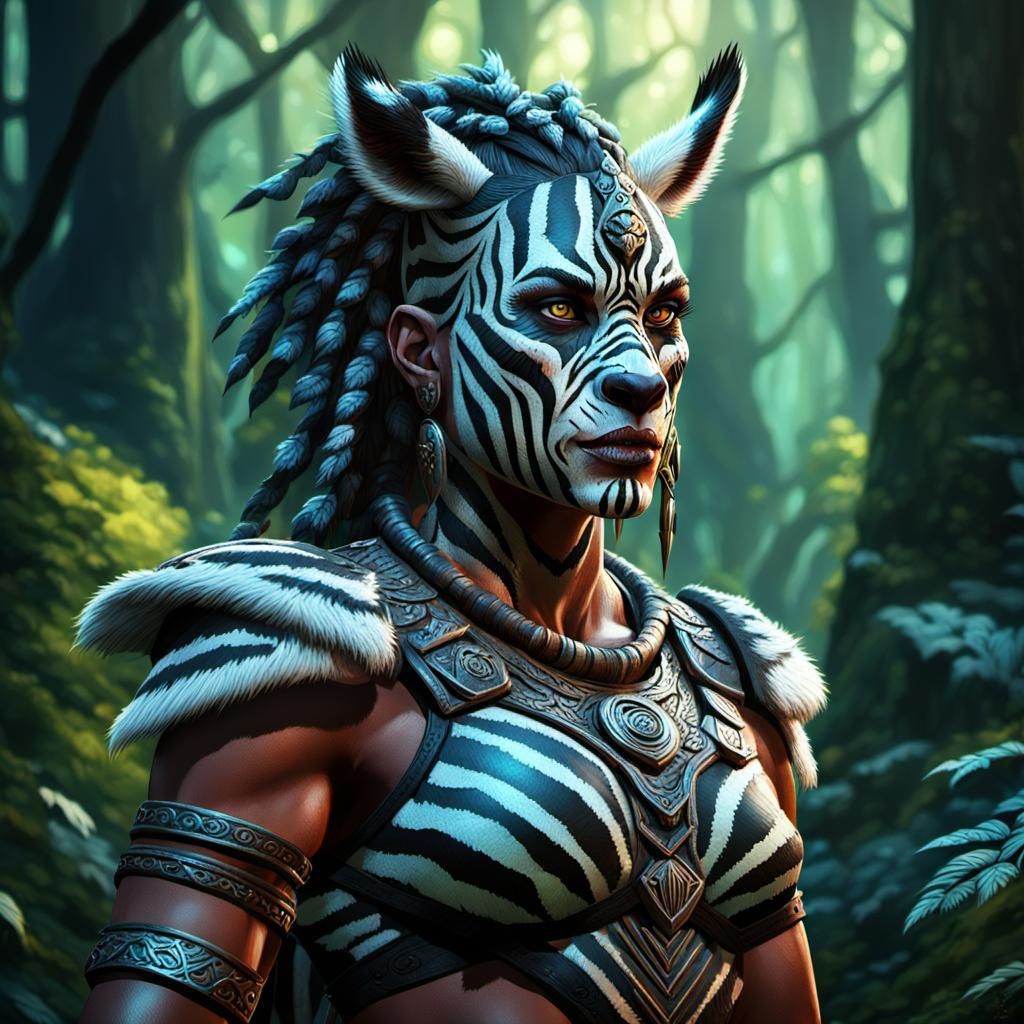 female humanoid werezebra barbarian in the overgrown forest