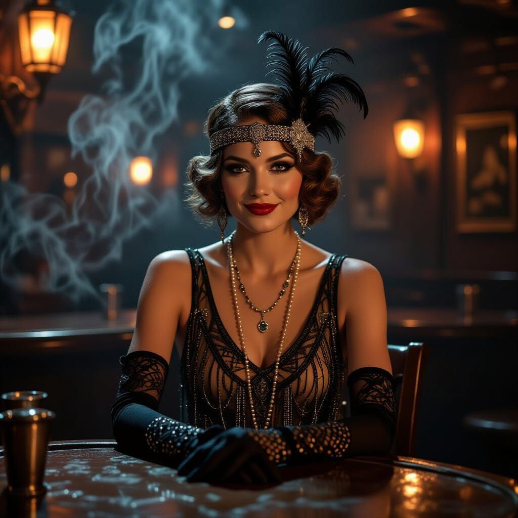Flapper in New Orleans Speakeasy, Art Nouveau Style