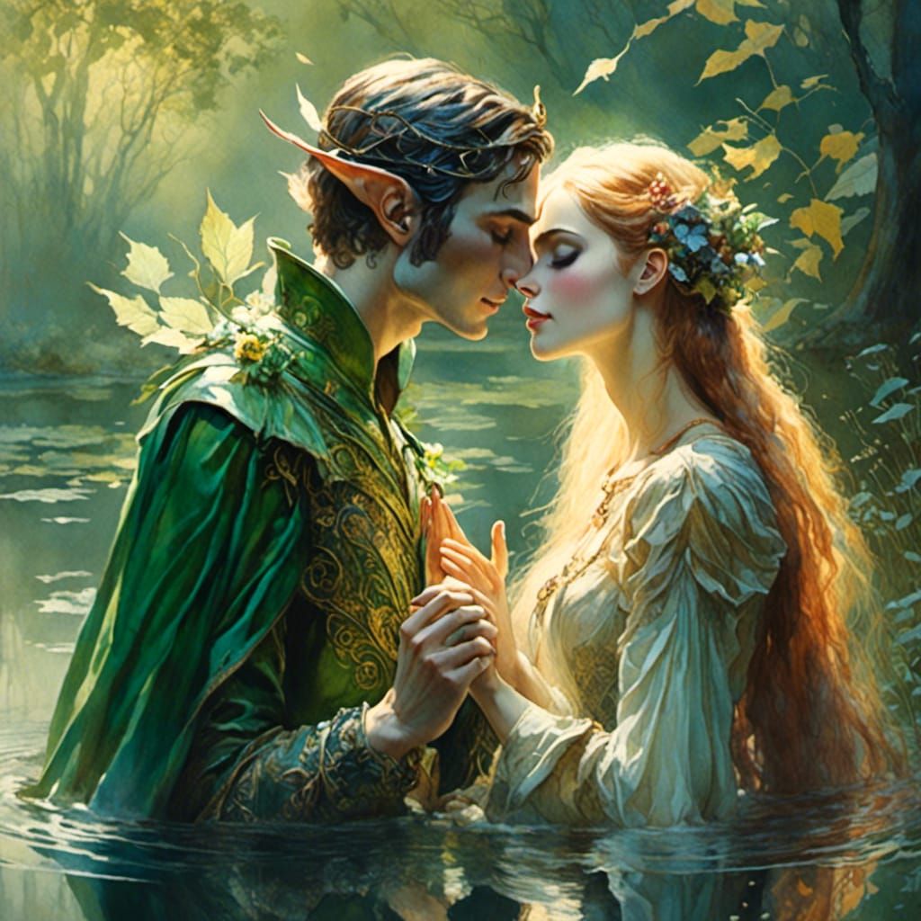 Elf and Human Kiss in Romantic Watercolor
