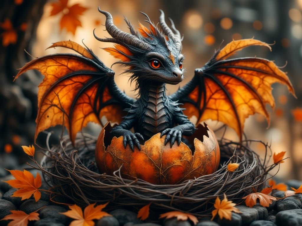 Baby Dragon Emerging From Egg in Autumn Cave