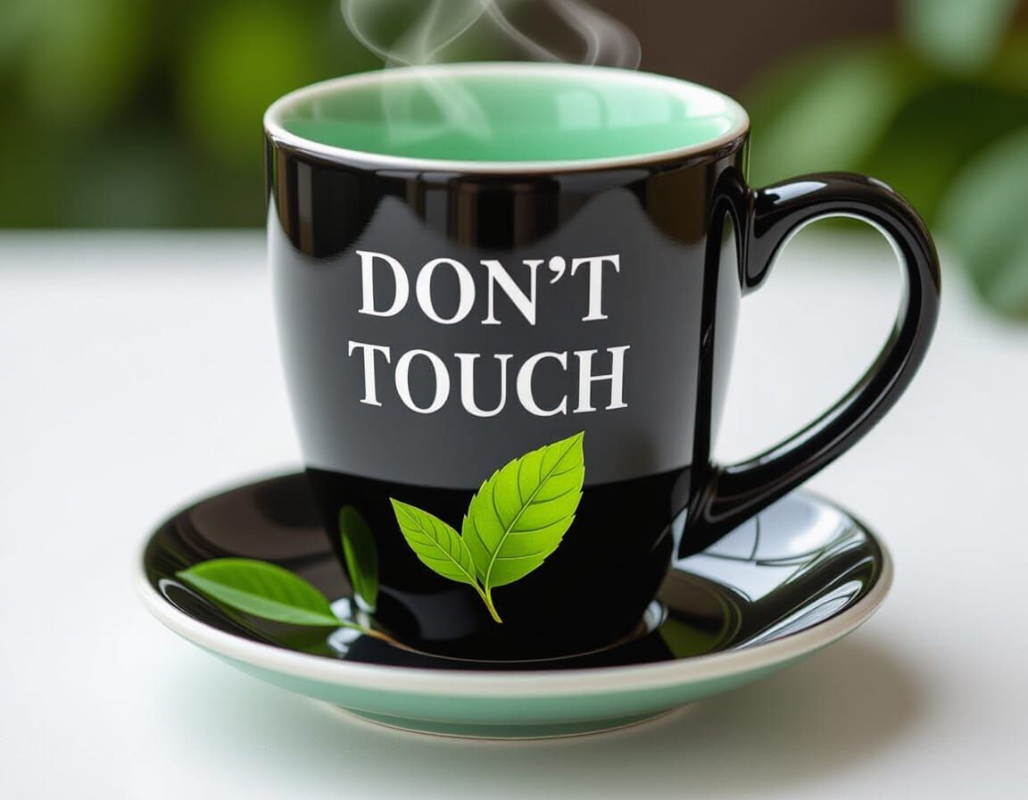 Elegant Black and Mint Coffee Cup with "DON'T TOUCH"