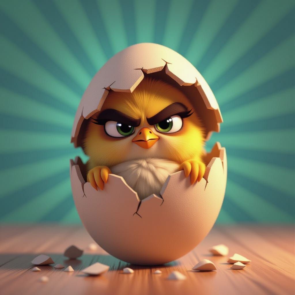 Grumpy Chick Emerges: 3D Animated-Style Image