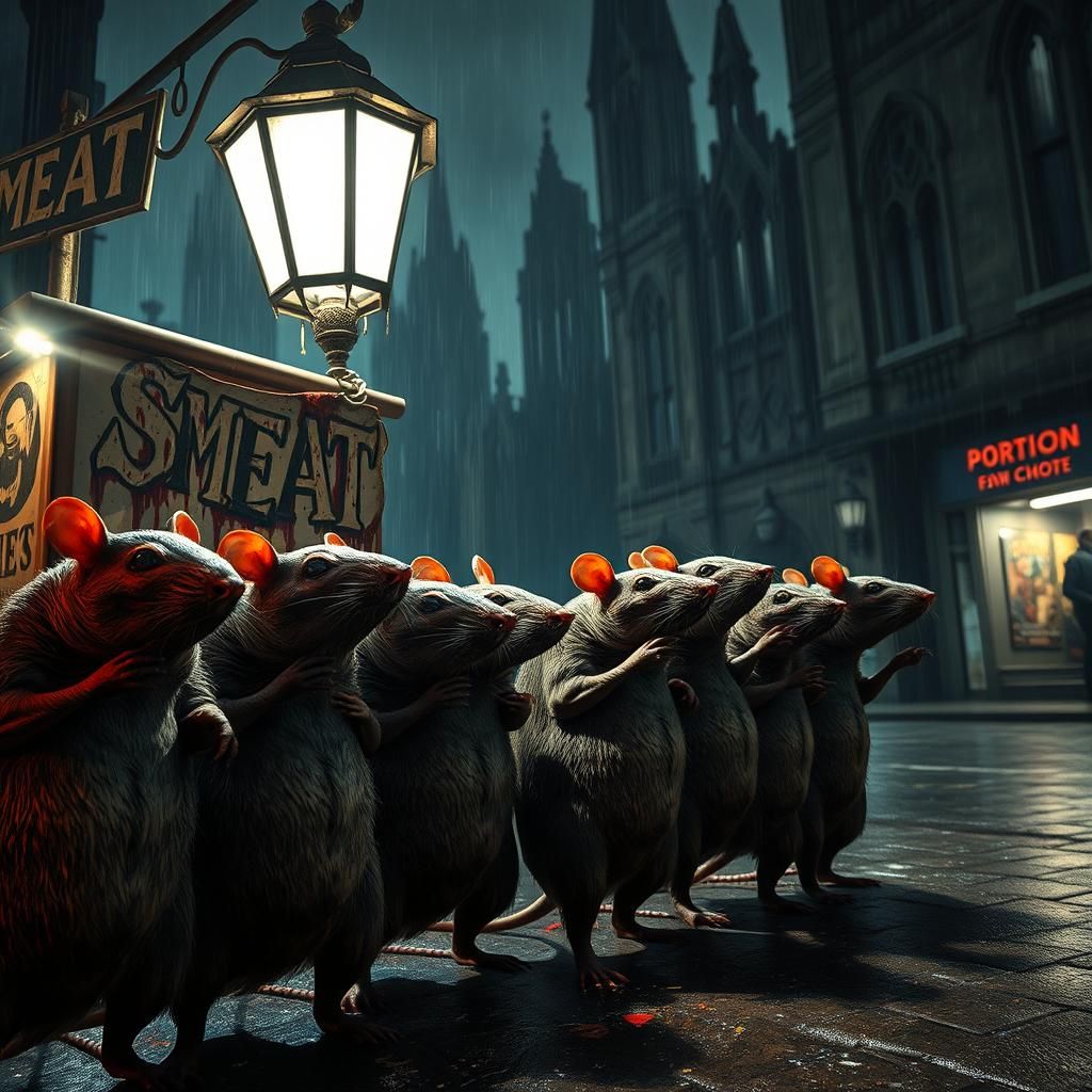 Dystopian Rats at Smeat Stall in Gothic Cityscape