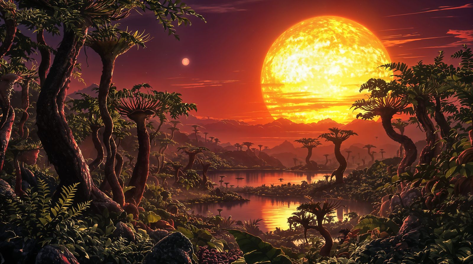Glowing Twin Suns Set Over Alien Jungle