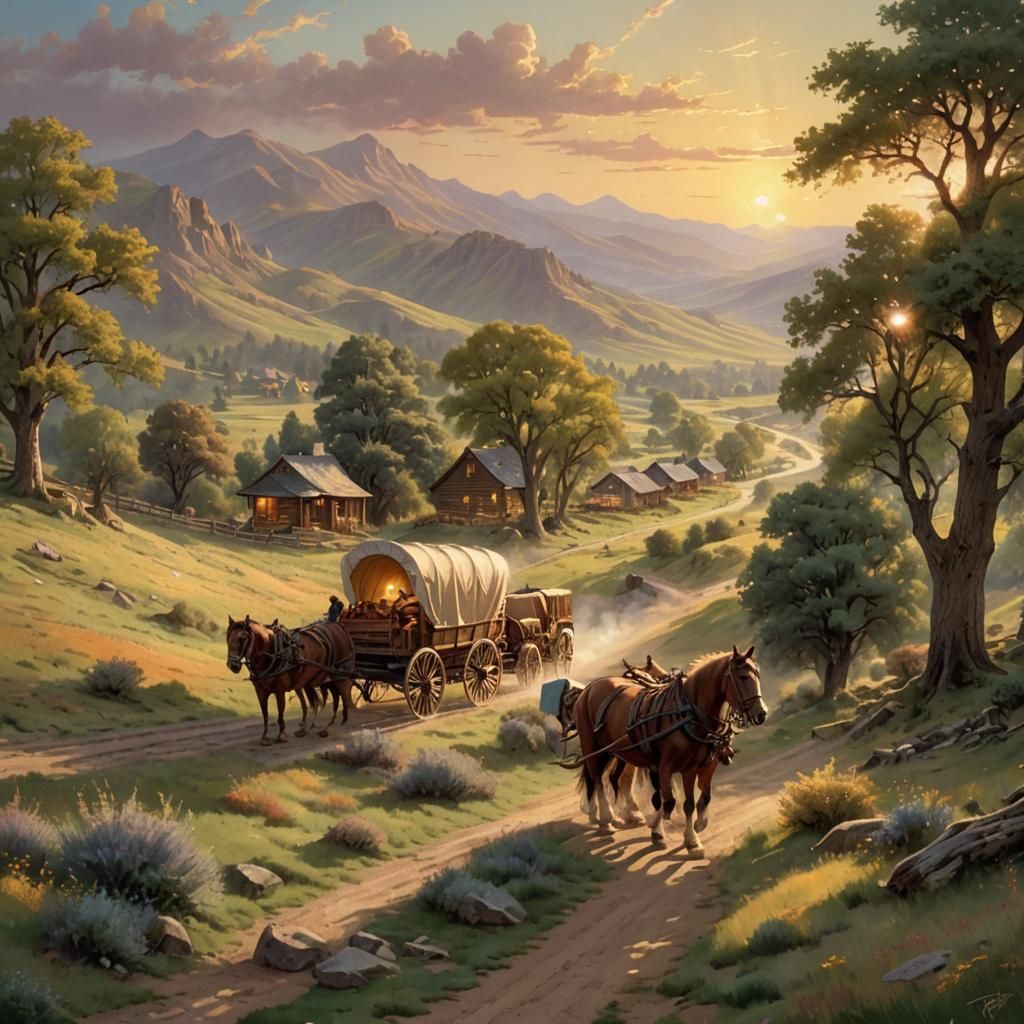 Oregon Trail Wagon Train in Luminist Style