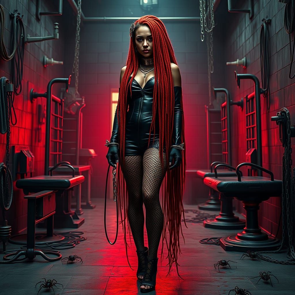 Dominatrix in Dark Leather and Red Dreadlocks, Surrounded by...
