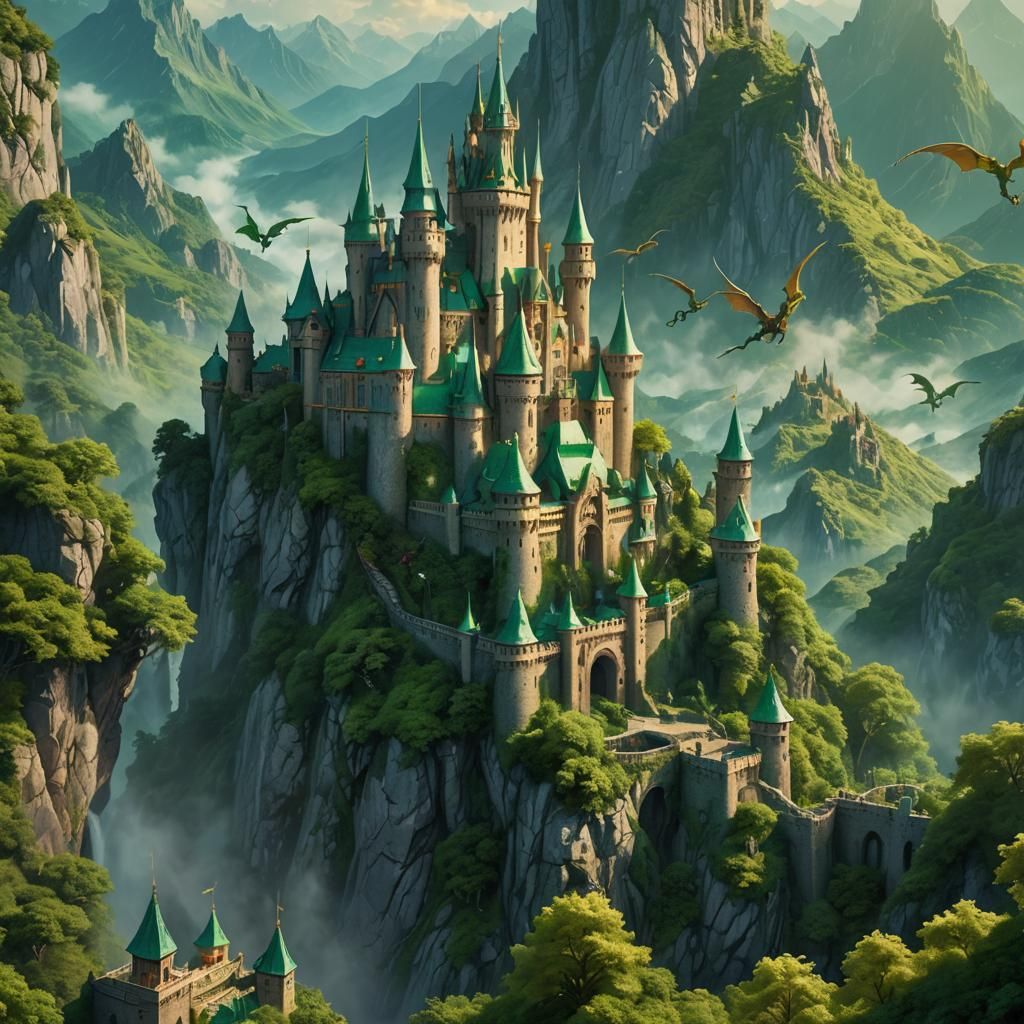 Green Dragon Castle in Mountains, Digital Oil Painting