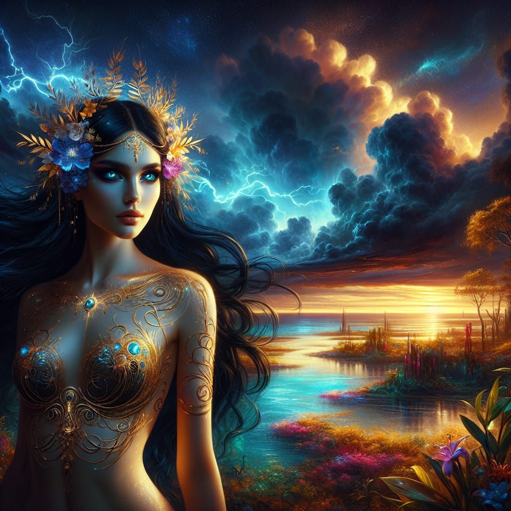 Goddess with Raven Hair and Cyberpunk Storm Clouds