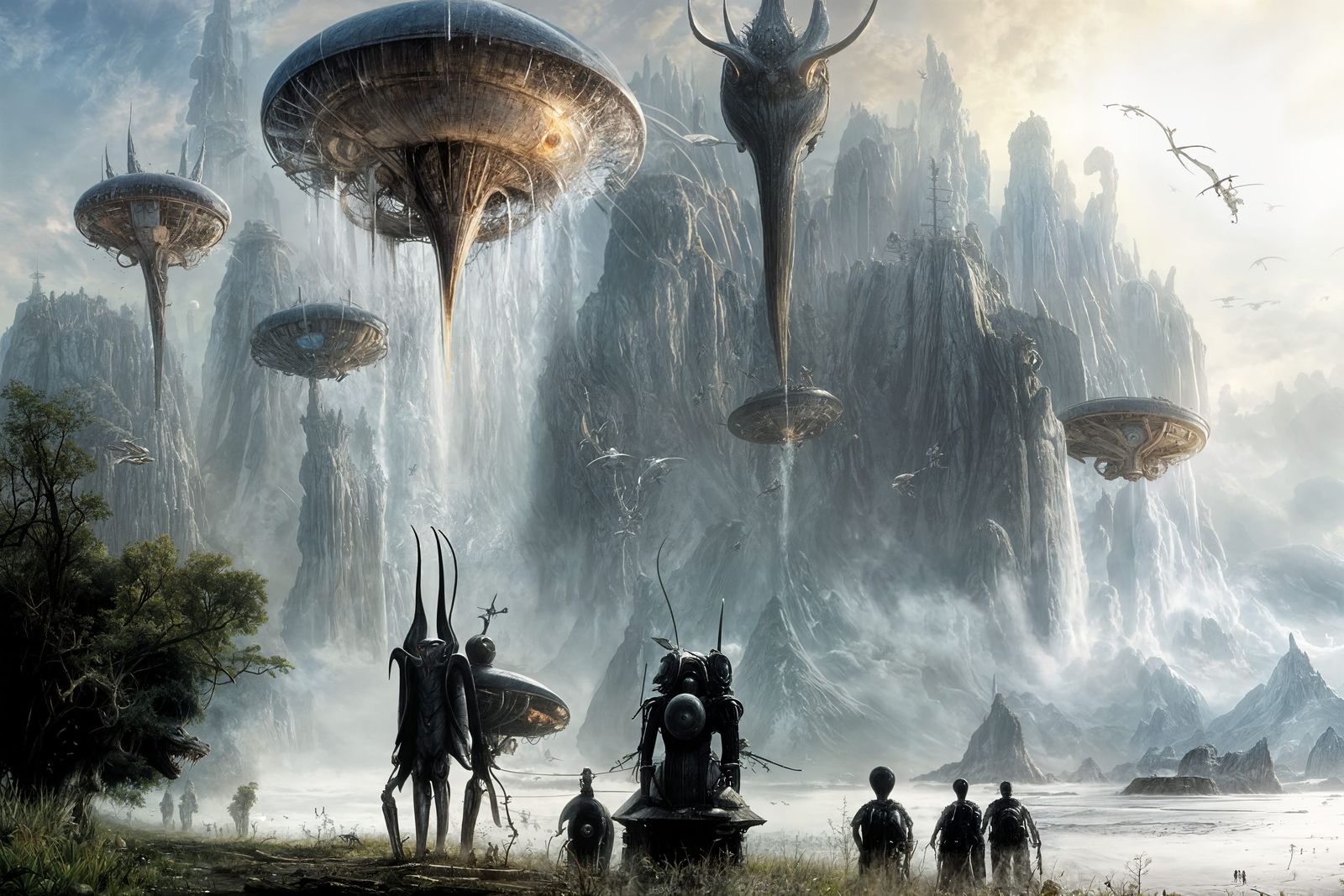 Alien Cartoon Characters in Surreal Landscape