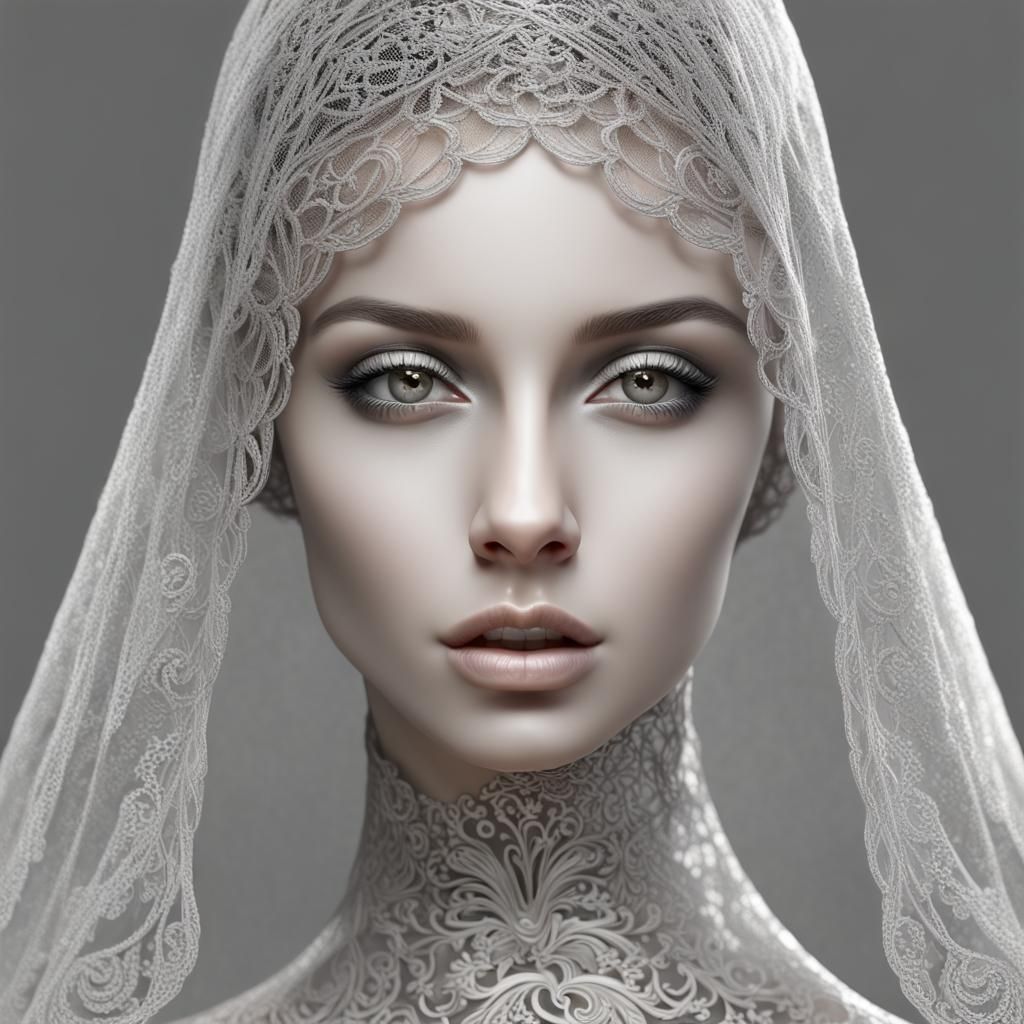 Silver Beauty with Lace Veil, 3D Render