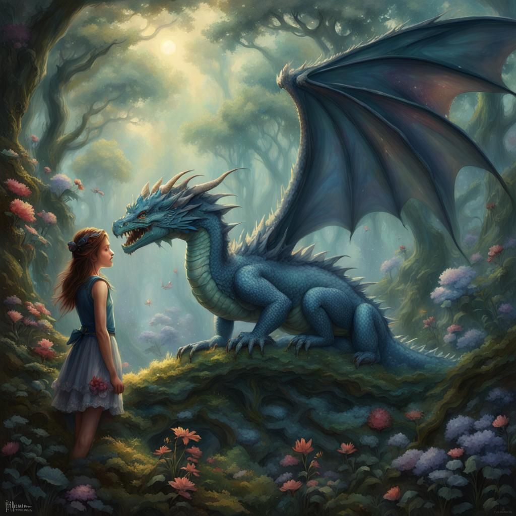 Girl and Dragon in Forest, Flat Illustration Style