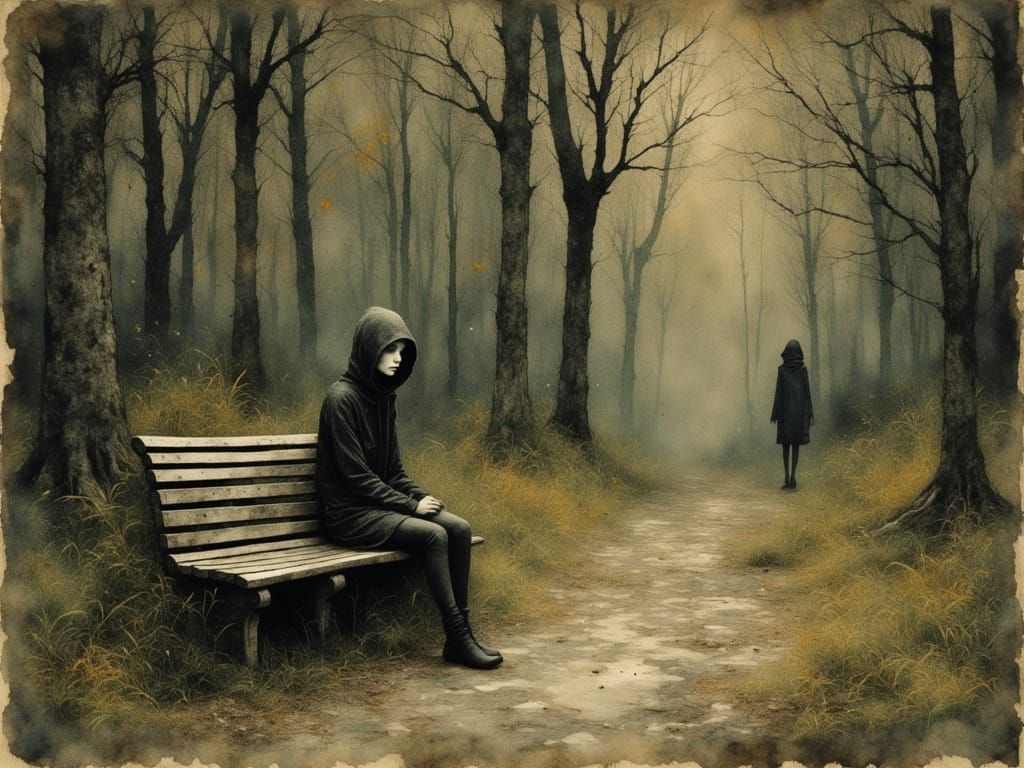 Figure Waiting on Forest Bench in Golden Hour Oil Painting