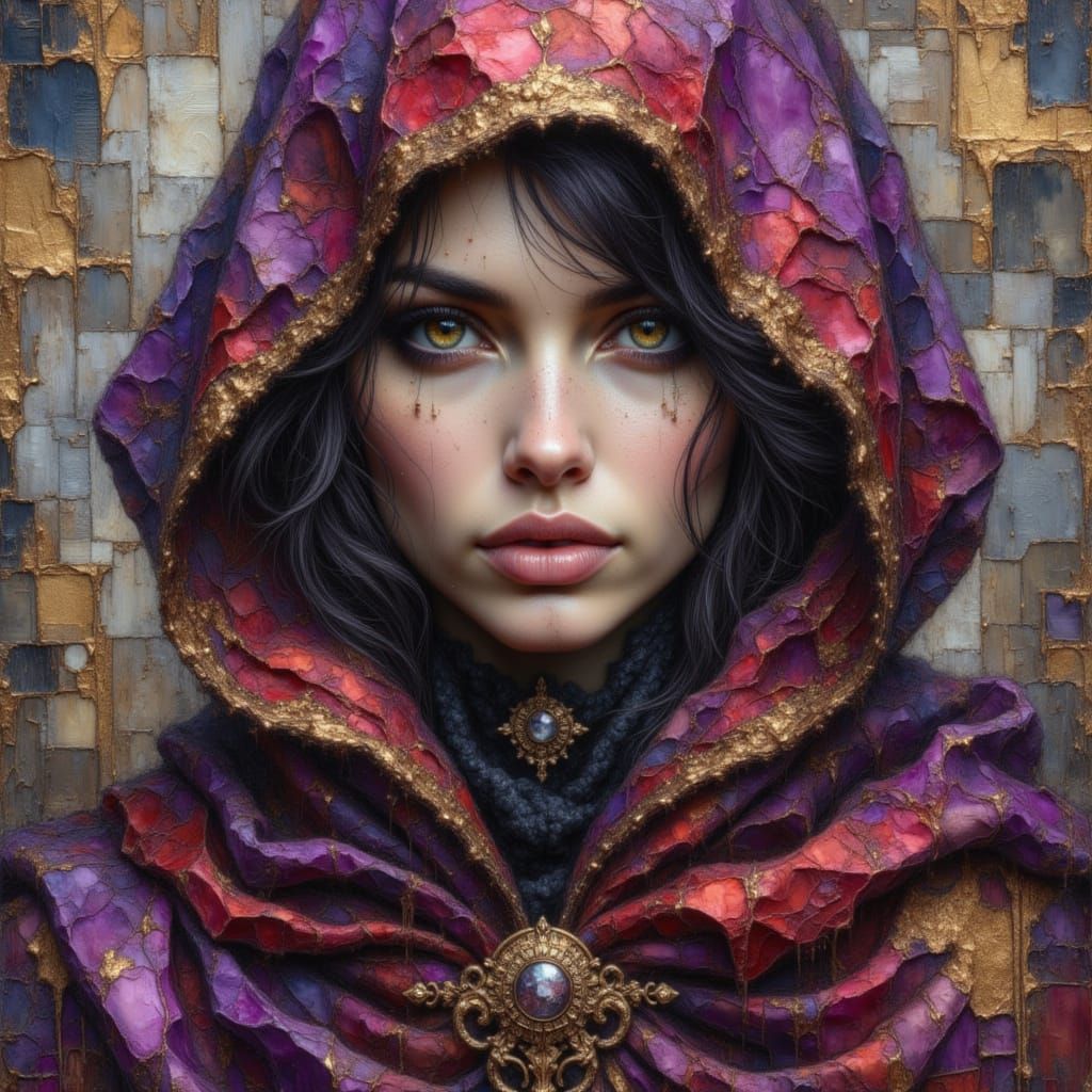 Mysterious Woman in Cosmic Cloak, Deep Purple, Red, Gold