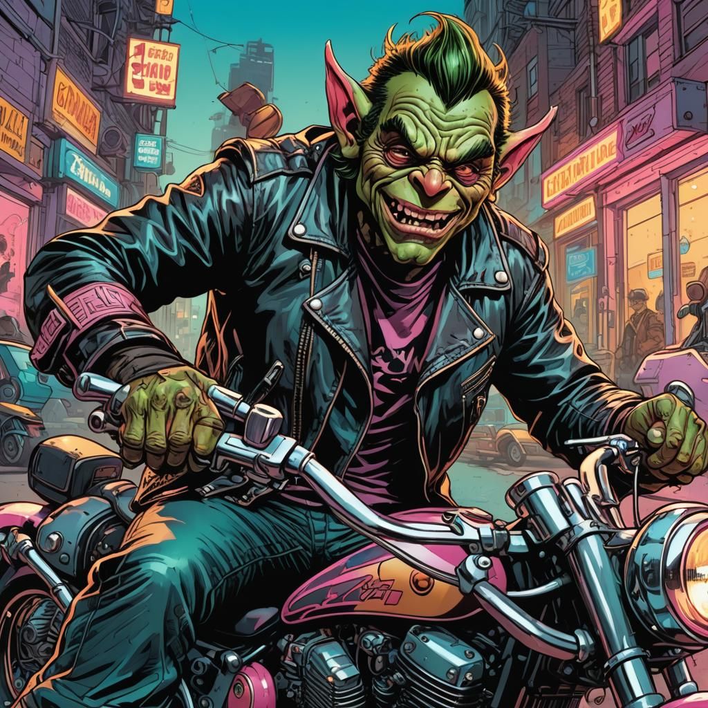 Goblin Plumber on Motorcycle as Comic Book Art