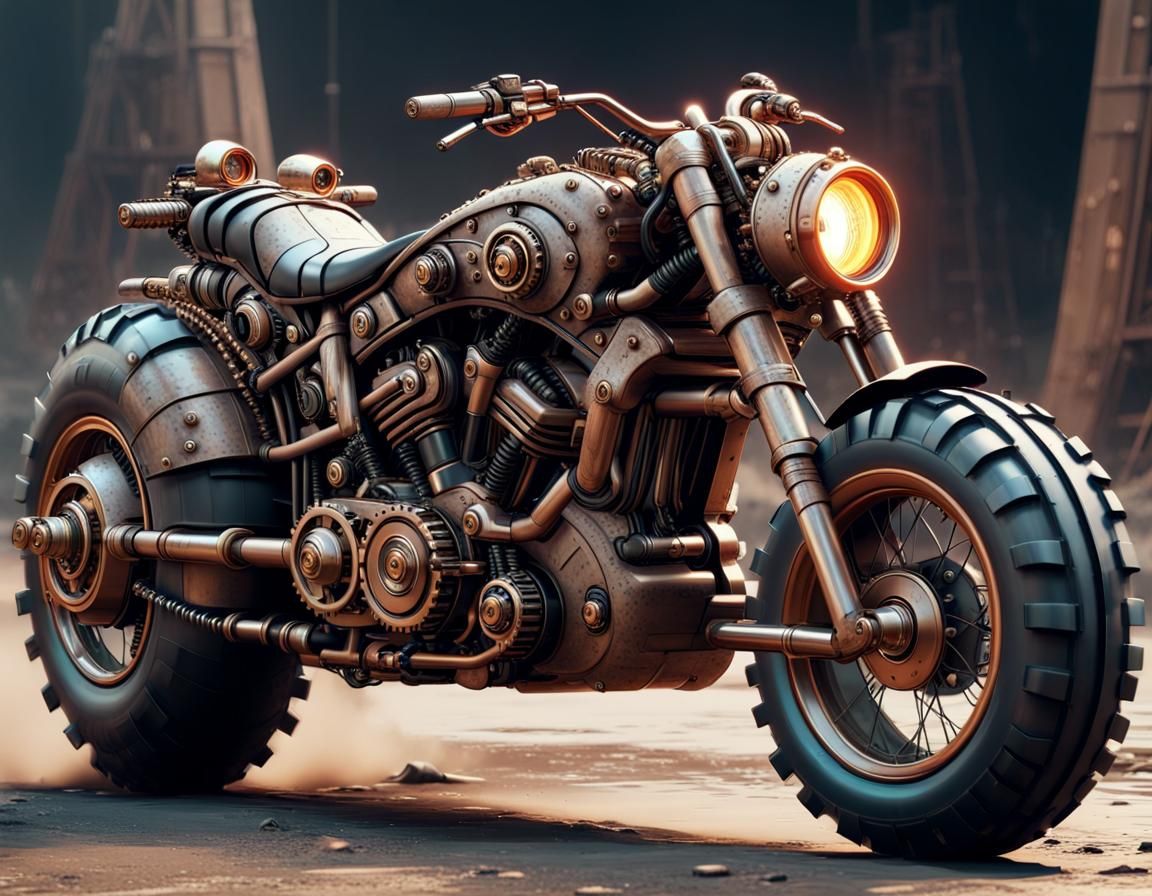 Steampunk Glitchcore Motorcycle with Nuclear Reactor Engine
