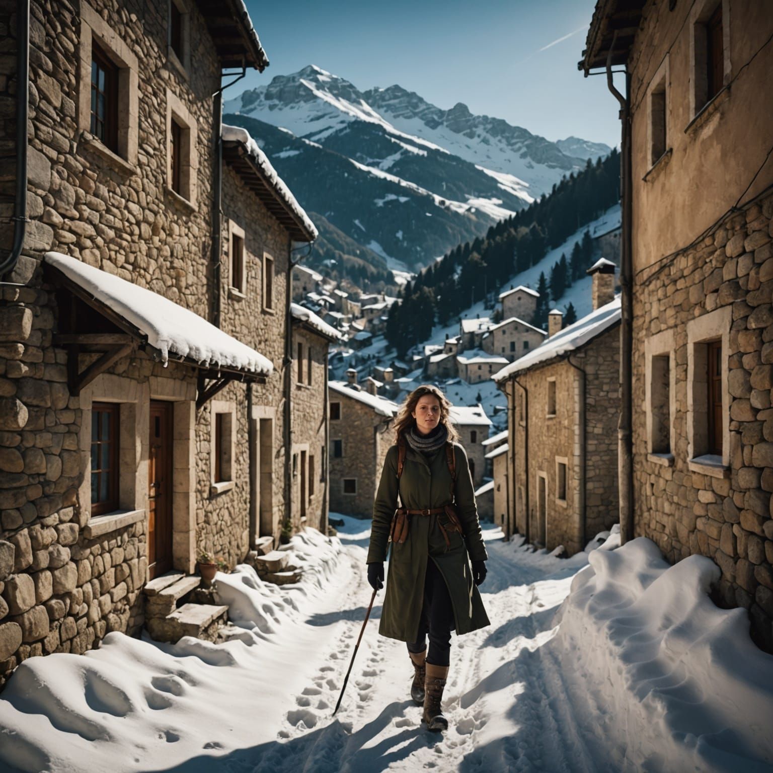 Serene Winter Village Scene in Photorealistic Style