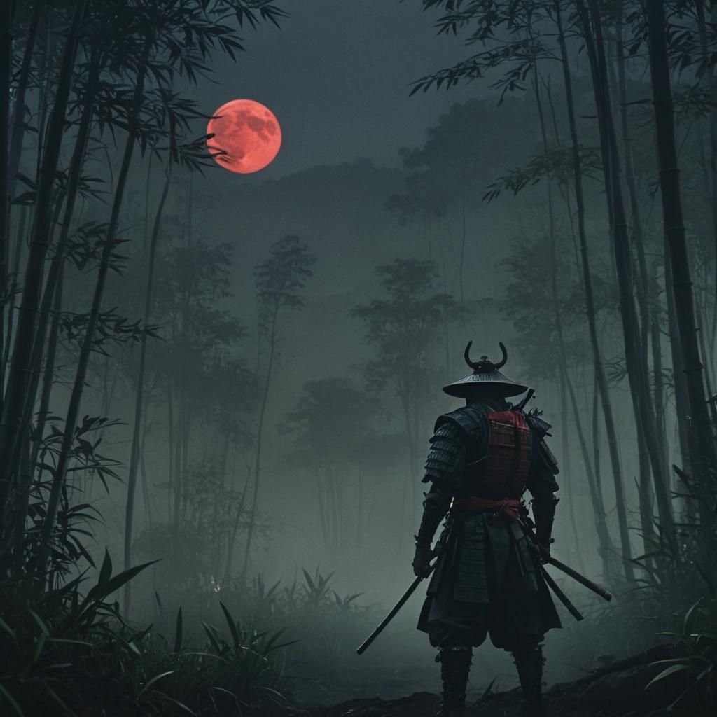 Samurai in Sci-Fi Japanese Forest at Night