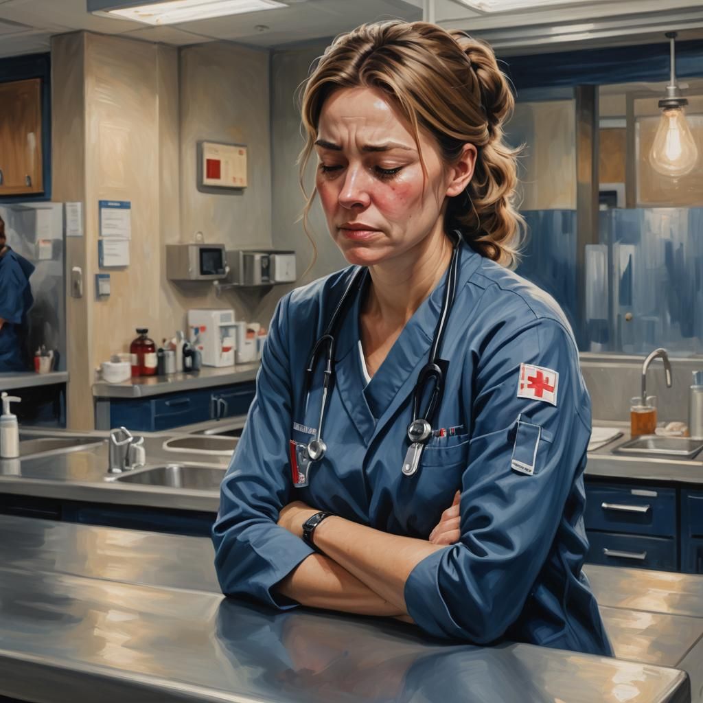 Tired Nurse Crying in Contemporary Oil Painting