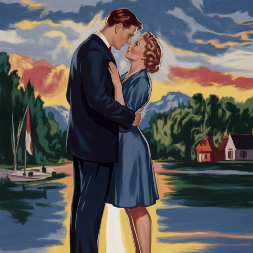 A 1930s romantic drama movie poster with a couple. The title...