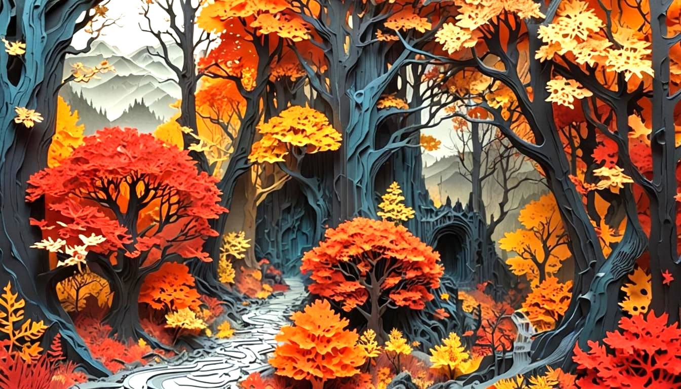 Autumnal Paper Cut Forest Landscape in 3D Render