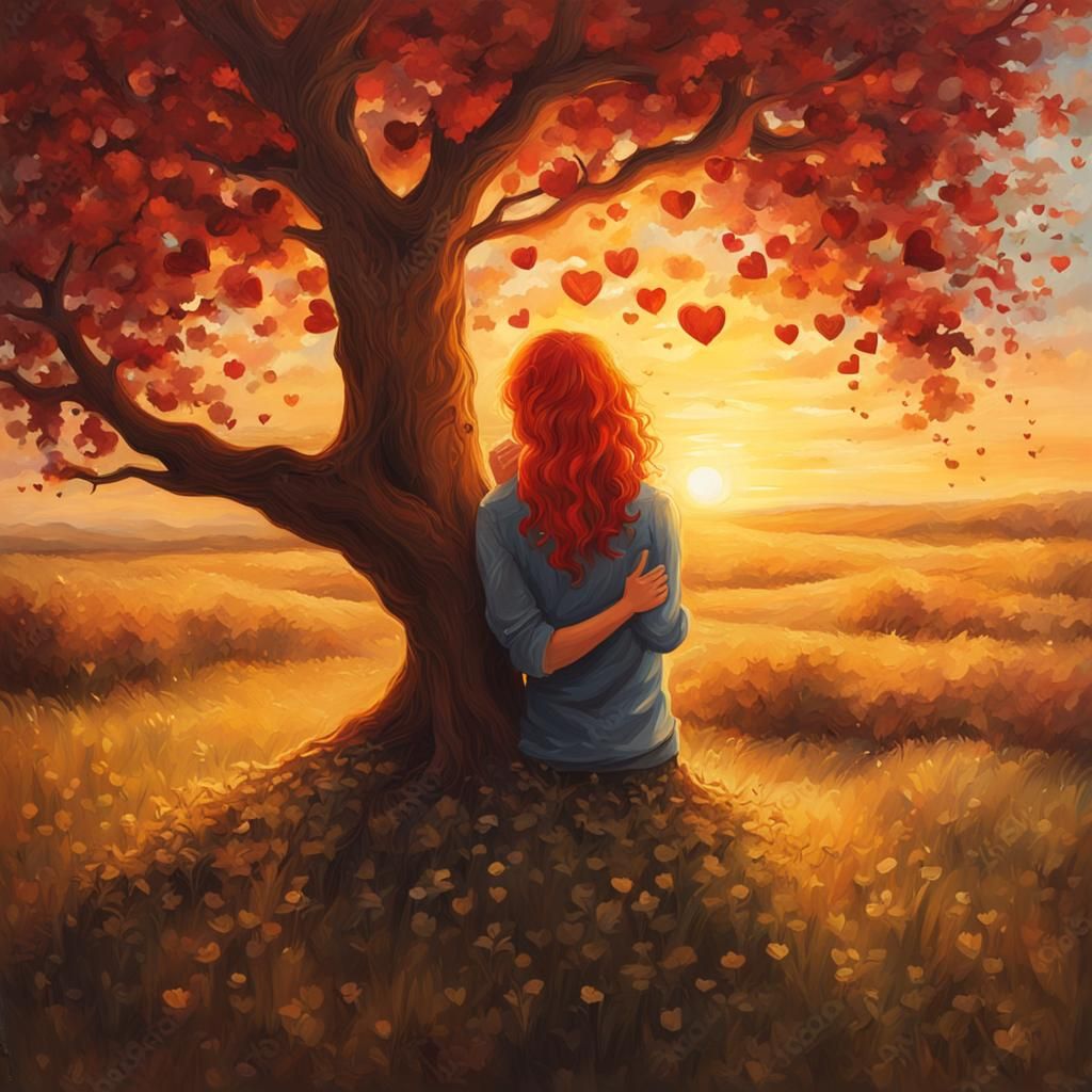 Romantic Sunset: Lovers Under Heart-Shaped Tree
