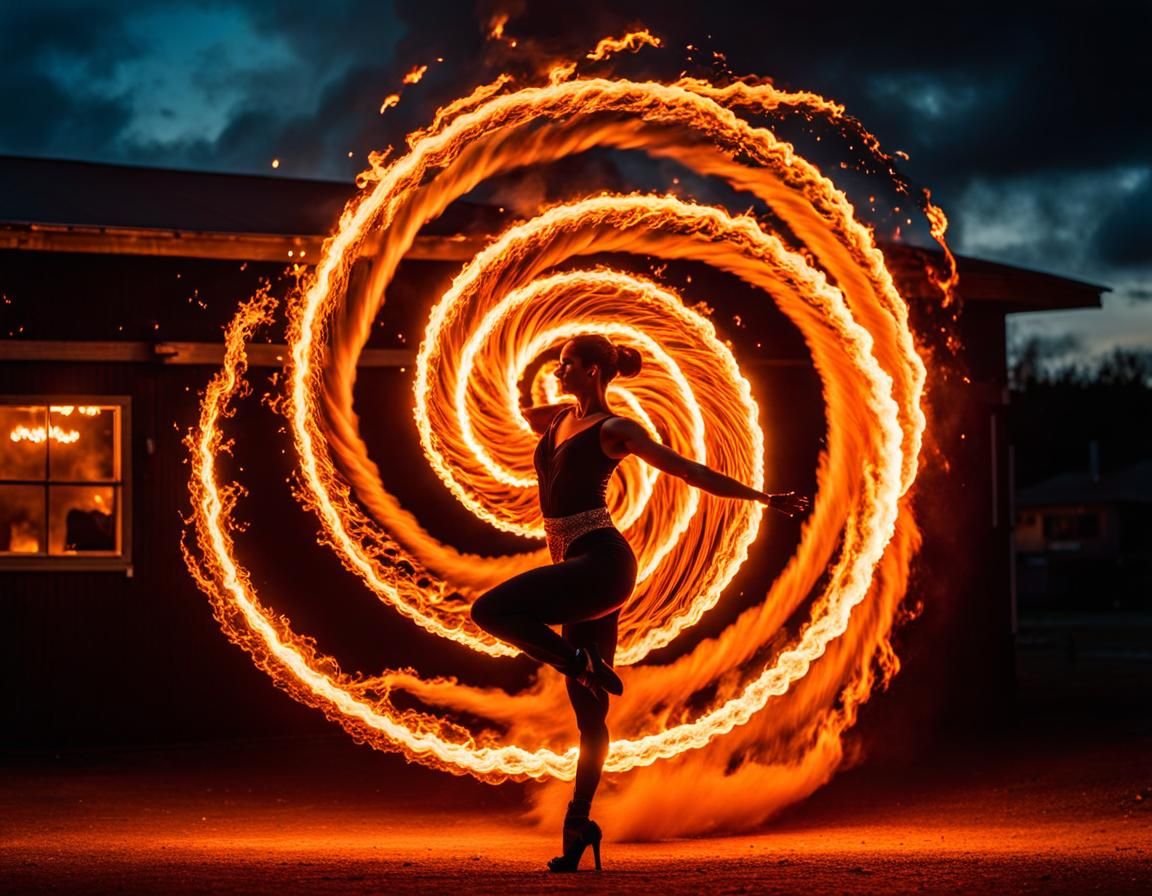 Fiery Dance: A Dancer Amidst a Fire Tornado