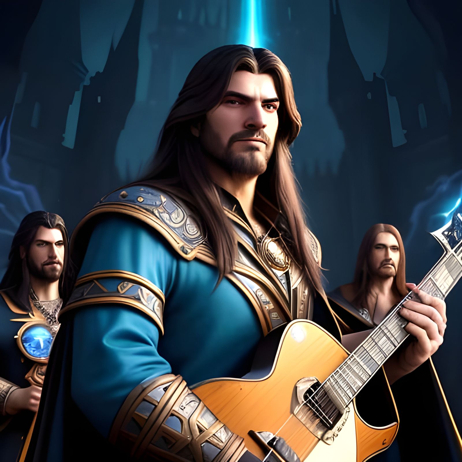 Epic Fantasy Guitarist Surrounded by Majestic Castle and Enc...