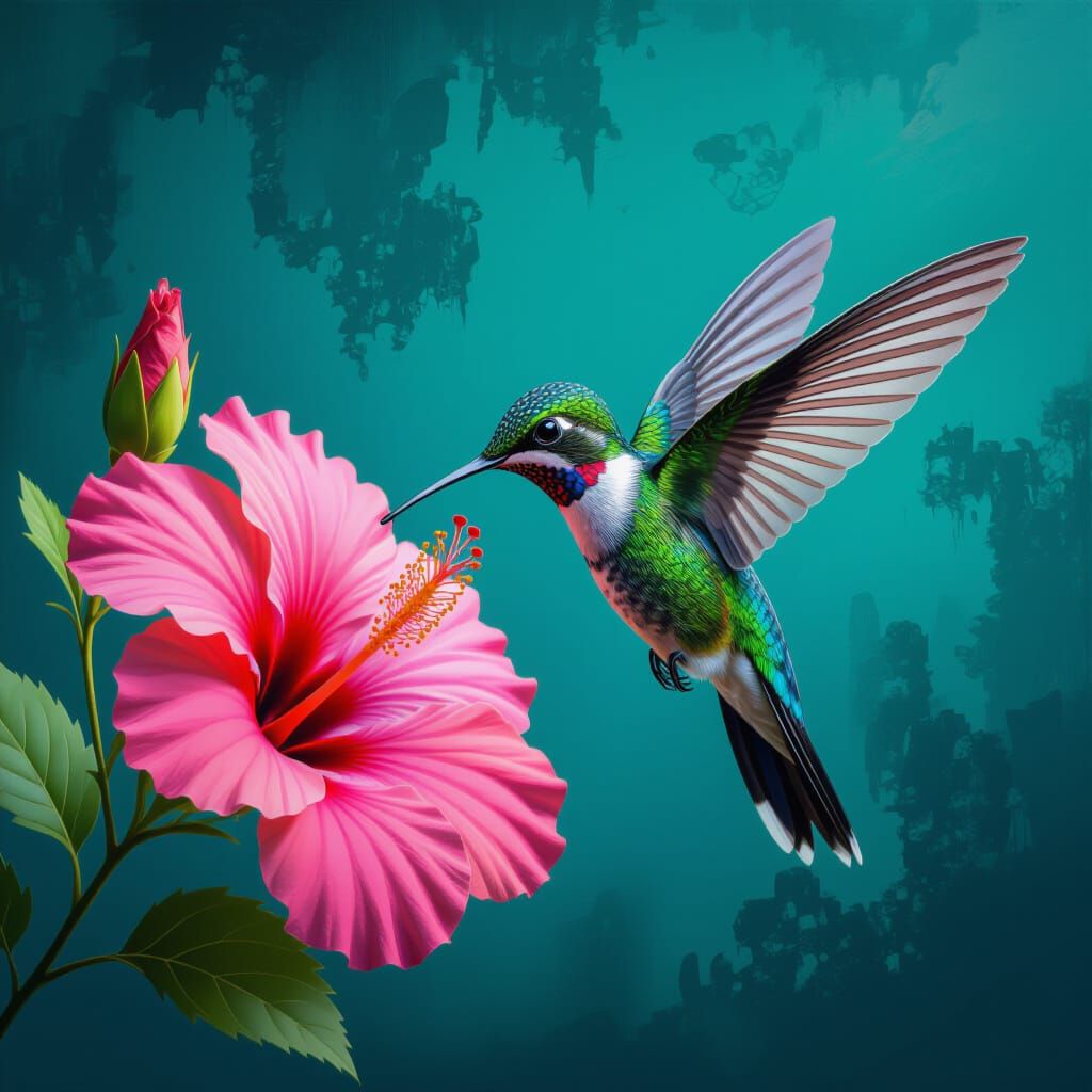 A hyperrealistic paper-cut diorama of a hummingbird feeding ...