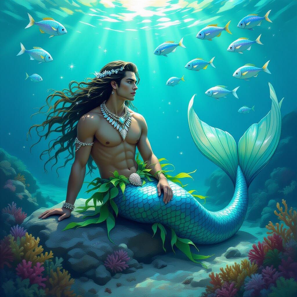 Merman with Seaweed Tail in Dreamy Aquatic Art