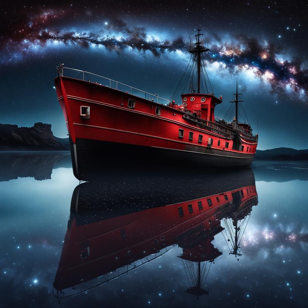 Red Ship Under Milky Way in Cubist Style