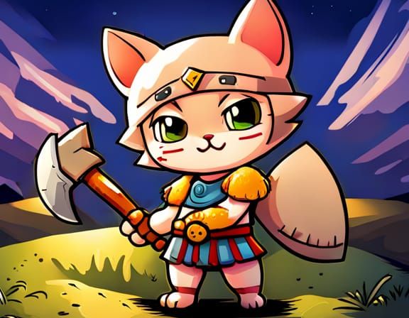 Cute Cat Warrior with Axe, Ghibli Style