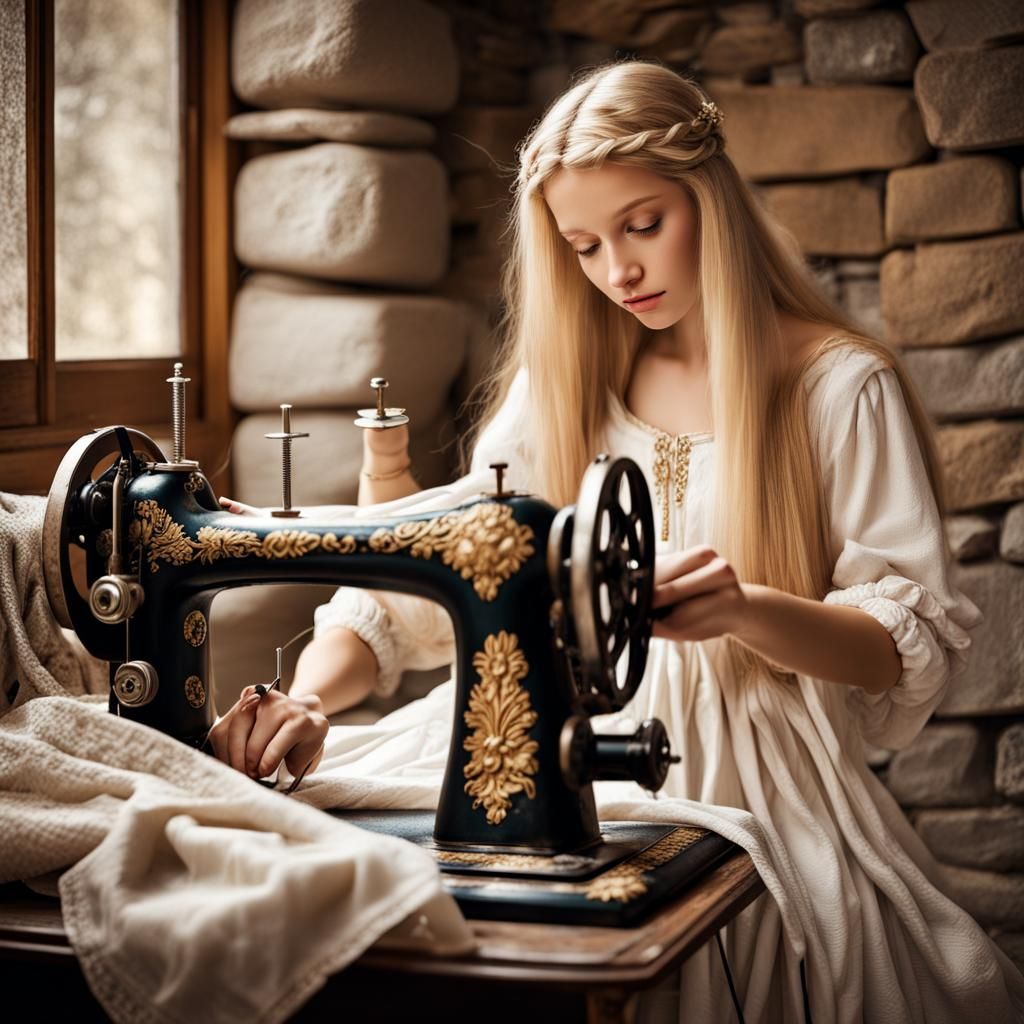 Athena-like Seamstress at Antique Sewing Machine