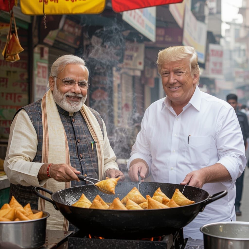 Modi and Trump Cook Samosas: Hyper-Realistic Street Scene
