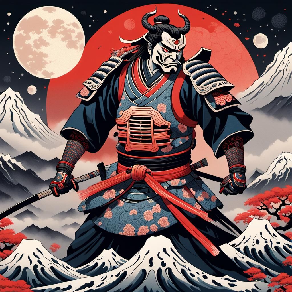 Samurai Defends Geisha From Oni in Ukiyo-e Style