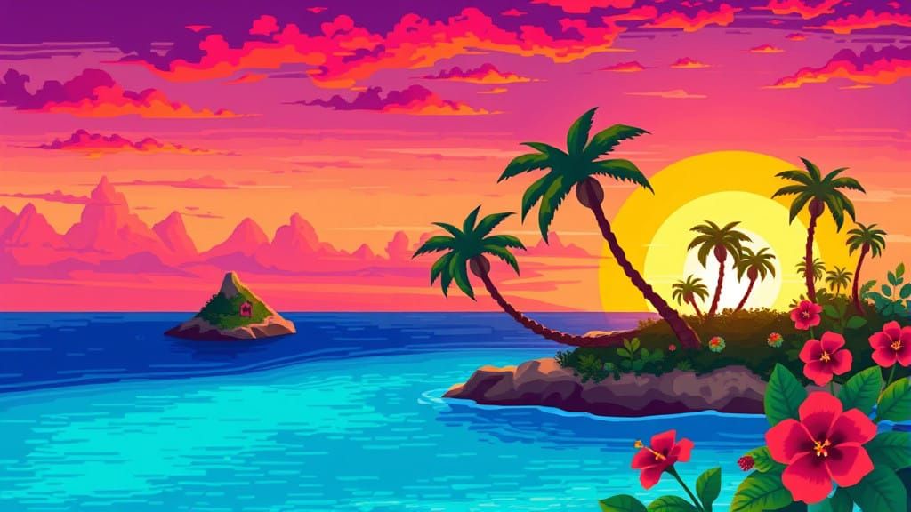 Vibrant Tropical Island Landscape in 16-bit Pixel Art Style
