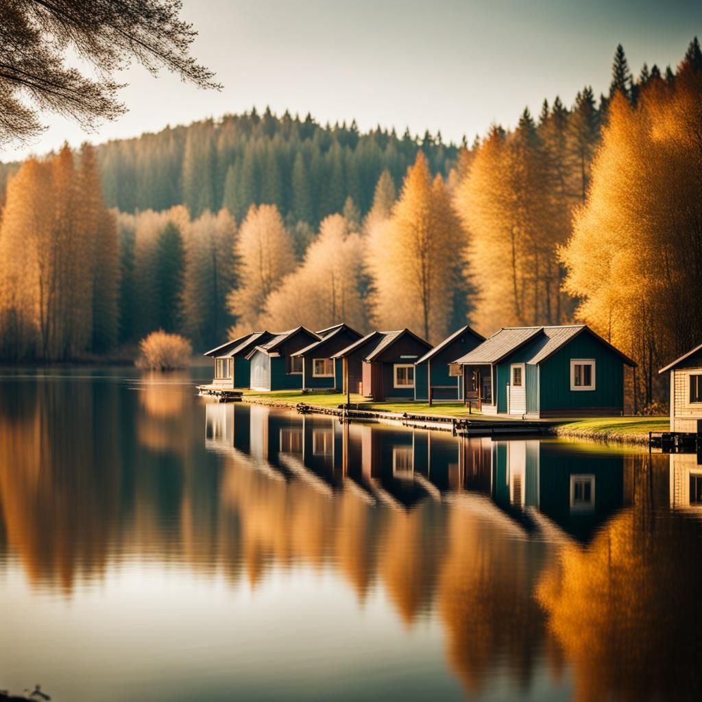 Lakeside City with Cabins: Professional Photography