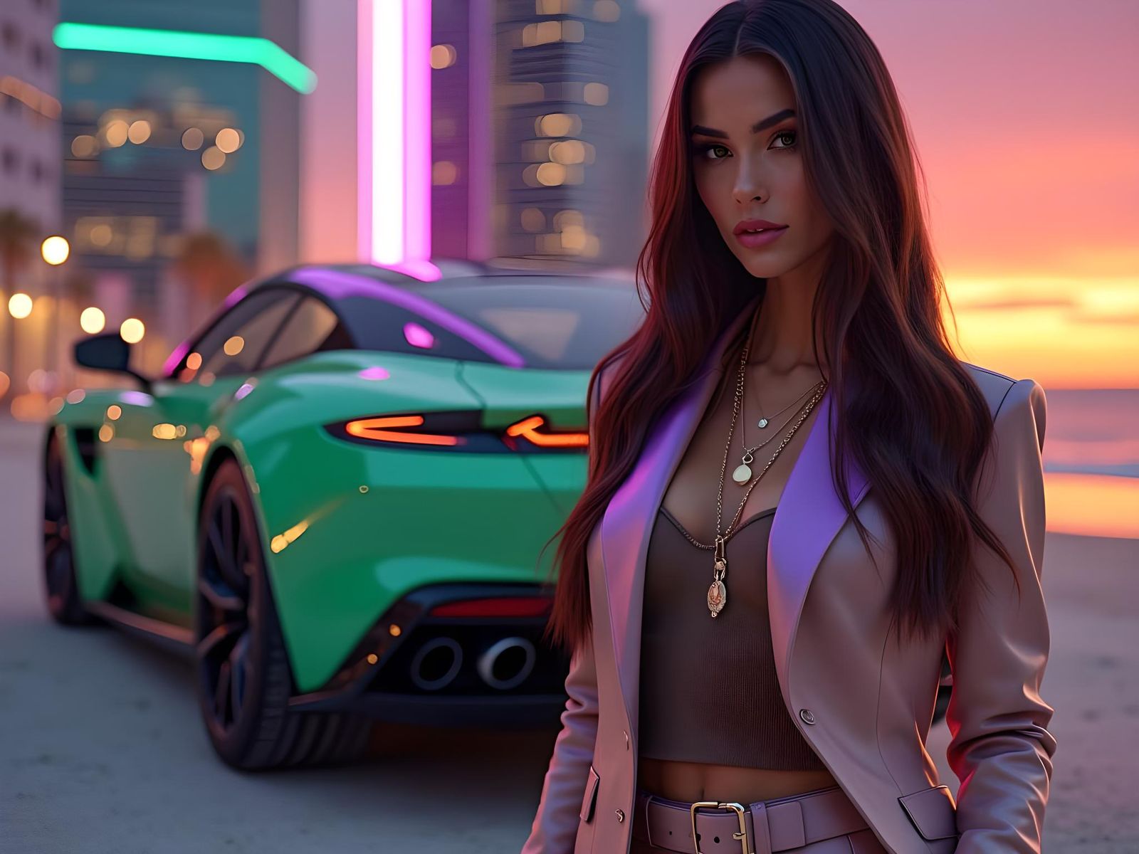 Miami Woman with Aston Martin in Photorealistic Style