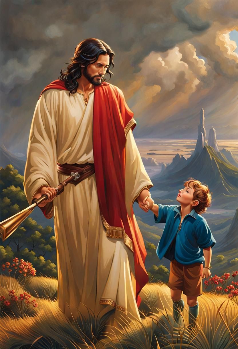 Compassionate Jesus Guiding a Boy: Gouache Impressionist Art