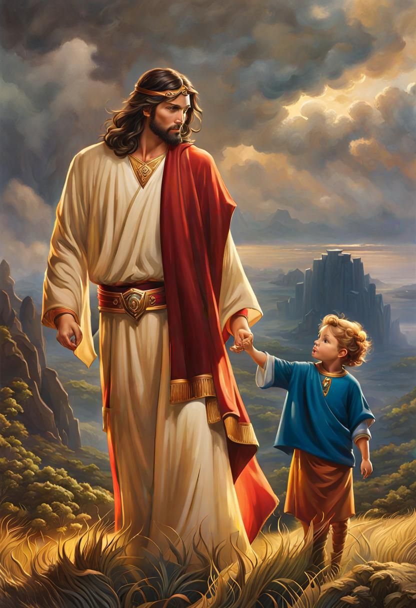 Jesus Christ Guides a Boy: Gouache Impressionist Art